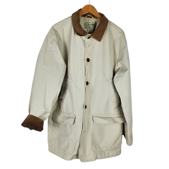 LL Bean Barn Coat Mens XL Canvas Chore Jacket Tan Brown Corduroy Collar VINTAGE